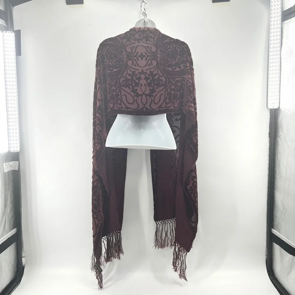 Valerie Stevens Velvet Burnout Scarf Burgundy Silk Damask Fringe Wrap Whimsigoth